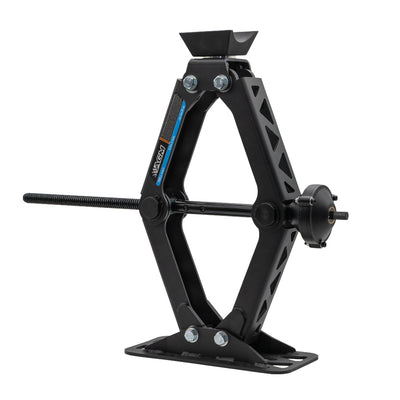 AGM Scissor Jack HD extended with axle saddle installed on white background