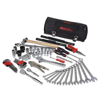 Set of tools including wrenches, screwdrivers, and a roll-up tool bag on a white background