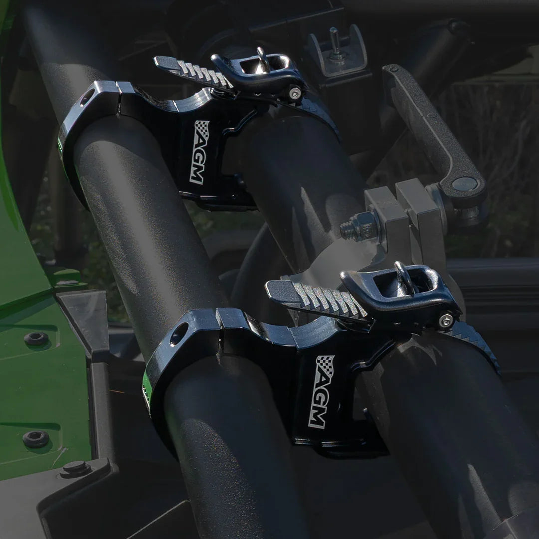 Close up of AGM Quick Clamps holding an AGM electric Jack on a Kawasaki H2