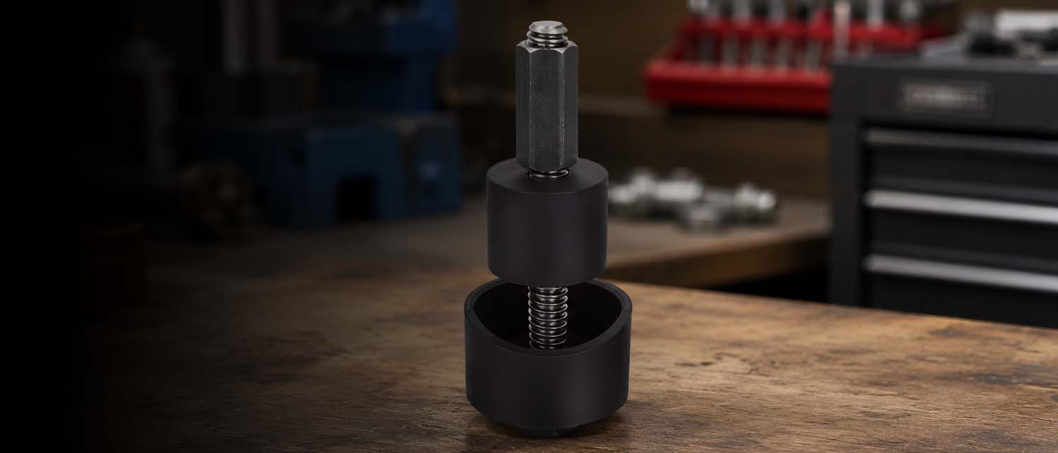 An AGM Uni ball removal tool stands on a wooden workbench in a workshop setting with blurred tools in the background.