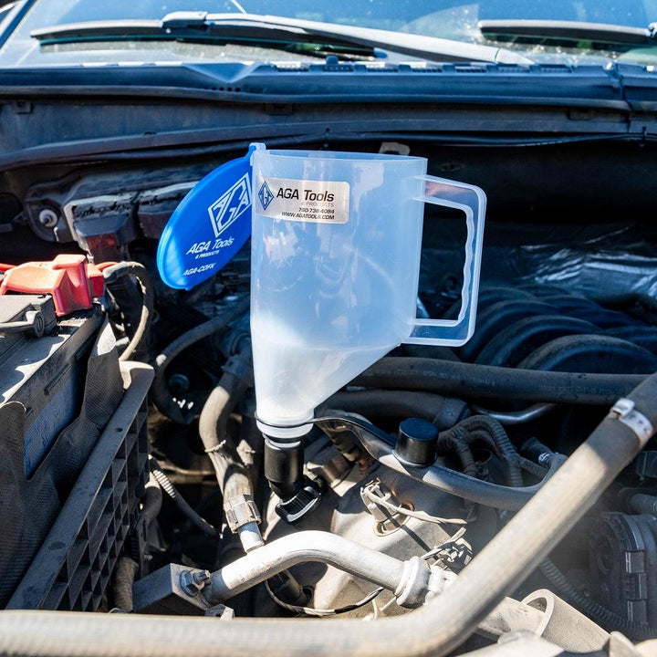 Oil funnel kit installed on a Ford f-150